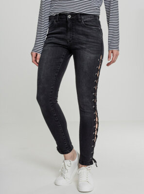 Urban Classics - Damen DENIM LACE UP Skinny Jeans - BLACK...